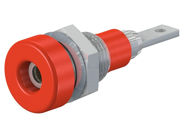 Contact; banaanstekker 2mm; 10A; 23mm; rood; gesoldeerd,op paneel Contact; banaanstekker 2mm; 10A; 23mm; rood; gesoldeerd,op paneel